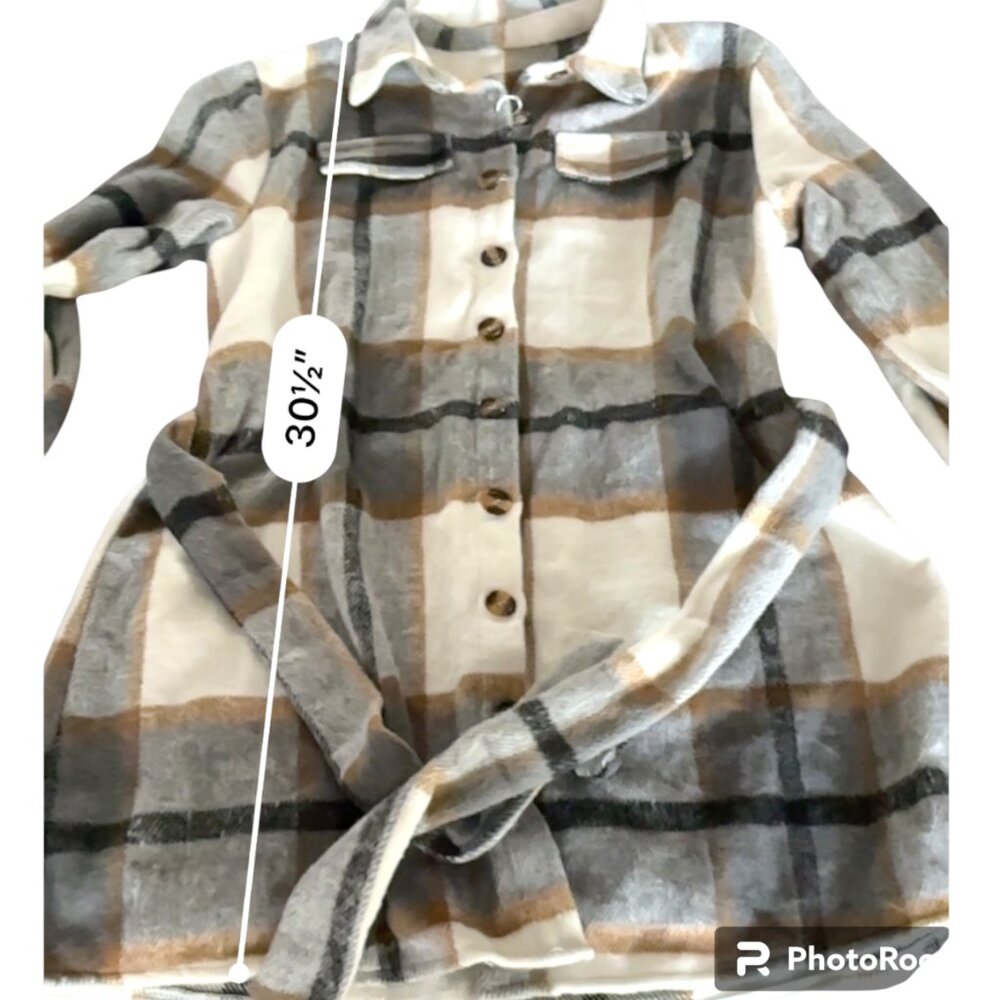 Womens Plaid‎ Shacket Jacket Lapel Button Down Flannel Shirt Loose Fit Belted S - Picture 6 of 7